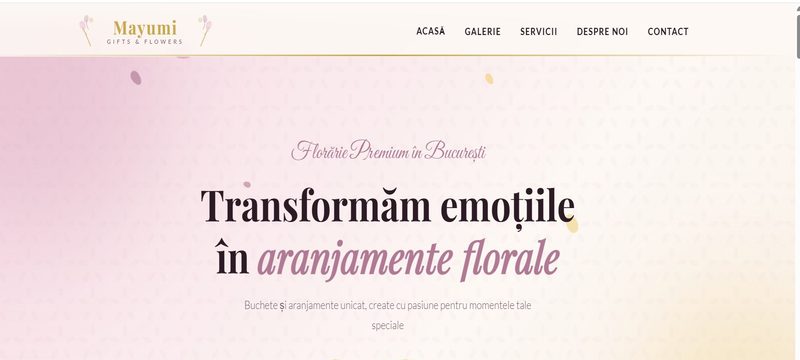 Screenshot site Mayumi Gifts & Flowers — Florărie București, aranjamente florale unicat